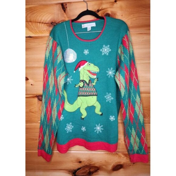 Jolly Sweaters Ugly Large Christmas Sweater Disco Dancing Dinosaur - Picture 1 of 10